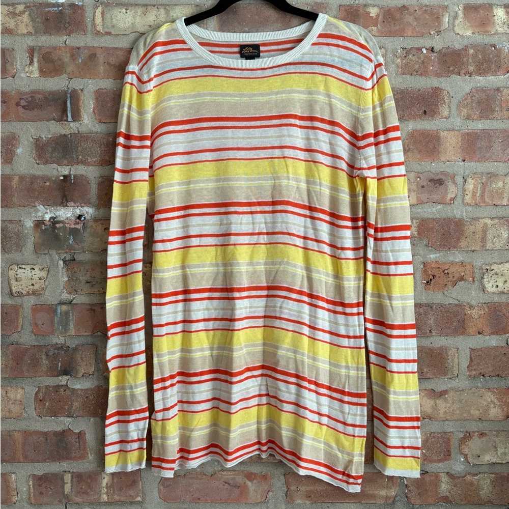 L.L. Bean Linen Modal XL Red Yellow White Tan Striped Long Sleeve Tee